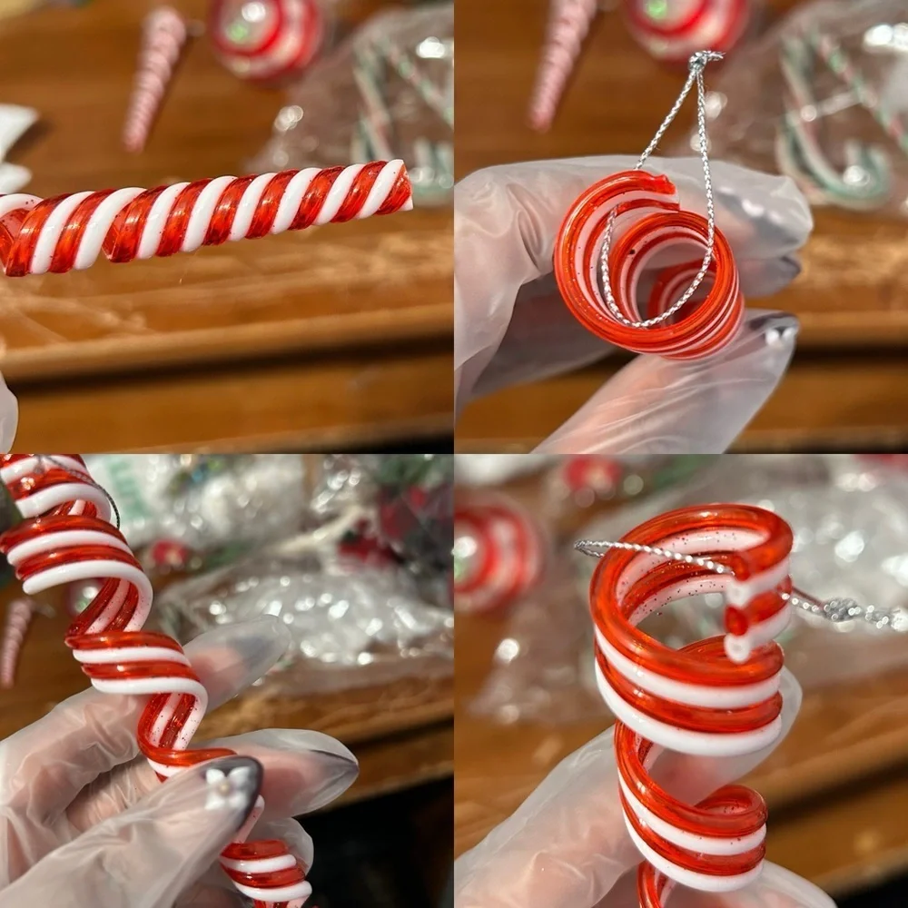 Red And White Striped Icicle and Bauble Christmas Ornaments - Set Of 3 -“Holly